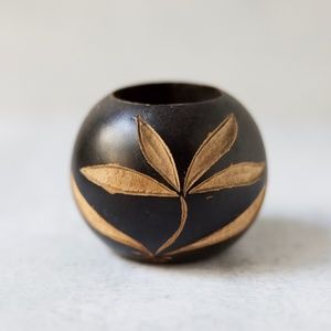 Carved engraved black painted wood wooden round tea light candle holder vintage